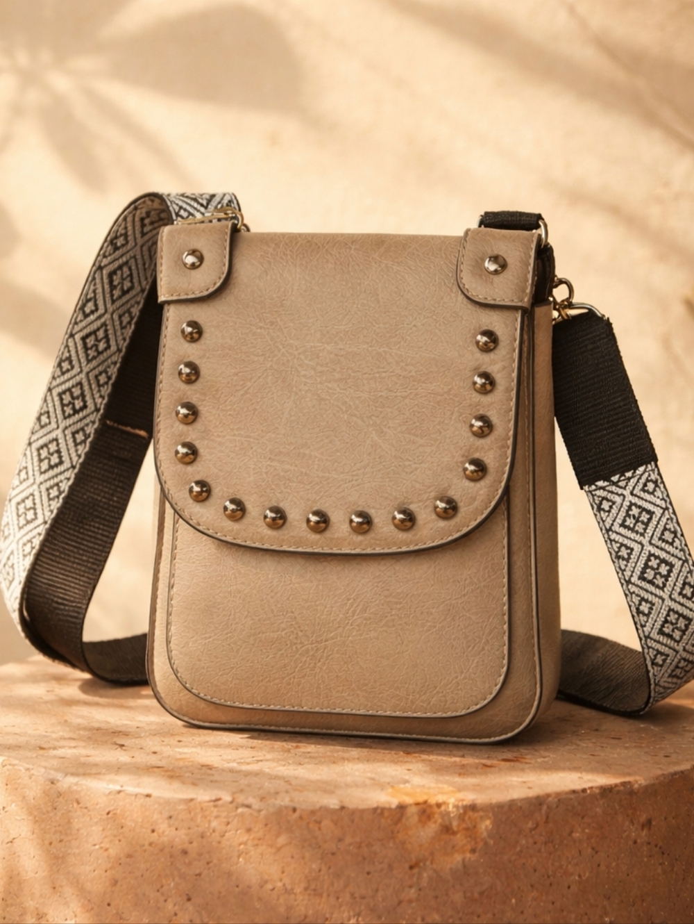NWT Sam & Hadley Taupe Crossbody Sadle Bag- Casual Studded Shoulder Bag